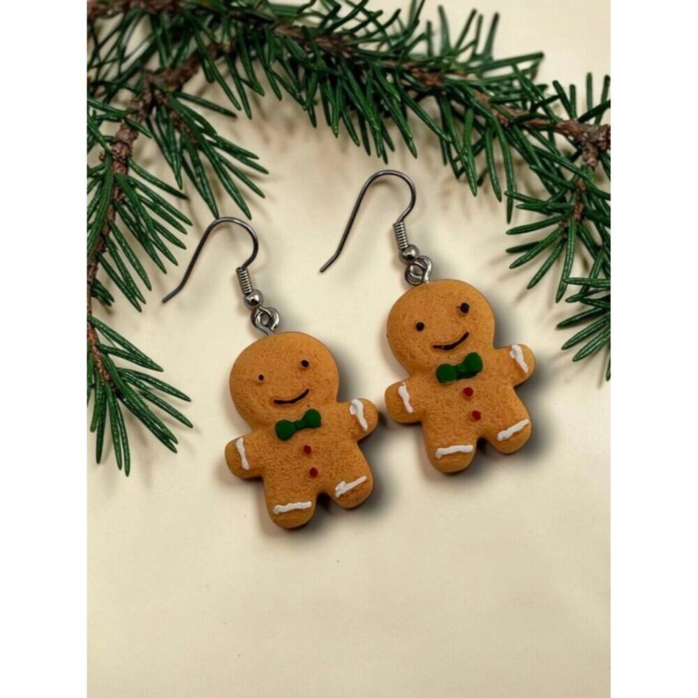 Gingerbread Man Earrings 2” Drop Christmas Dangles Cute Holiday Gift
